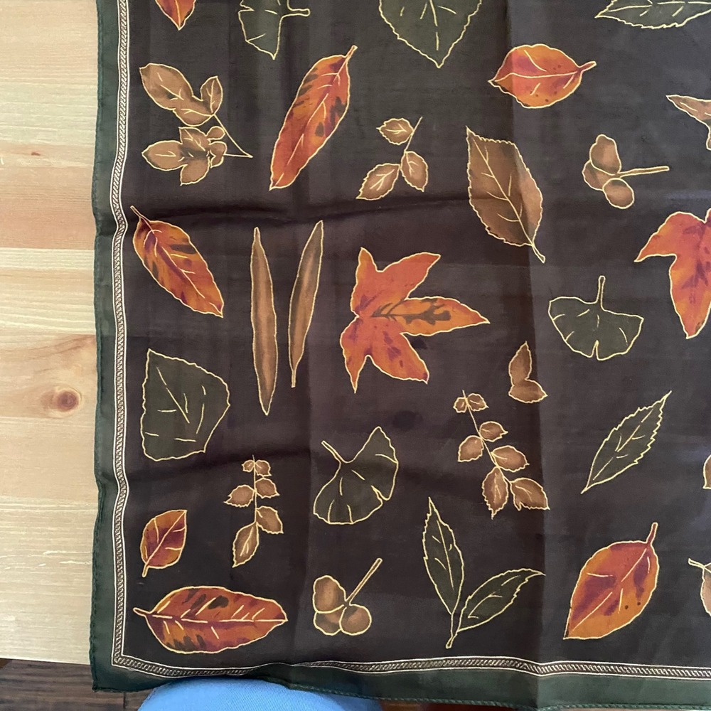 Vintage Brown Green Fall Leaf Print Square Polyester Scarf Small - Picture 11 of 12